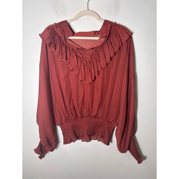 Glam Ox Blood Long Sleeve Ruffle Smocked Waist and Cuff Sz L - Picture 1 of 2